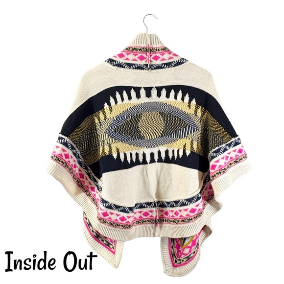Evil Eye Poncho One Size Cream Pink Multicolor Boho Sweater Knit Wrap Shawl - Picture 12 of 13